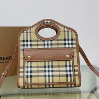 Lushentic Rep Mini Pocket Tote Bag Check Canvas Topstitched Leather Briar Brown