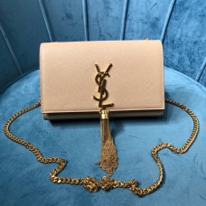 Lushentic Replica KATE SMALL CHAIN BAG WITH TASSEL IN GRAIN DE POUDRE EMBOSSED LEATHER Cream Gold Hardware