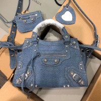 Lushentic Rep Women's NEO Cagole XS Handbag Denim Blue Washed Frayed Demin Aged-Silver Hardware with Rhinestones