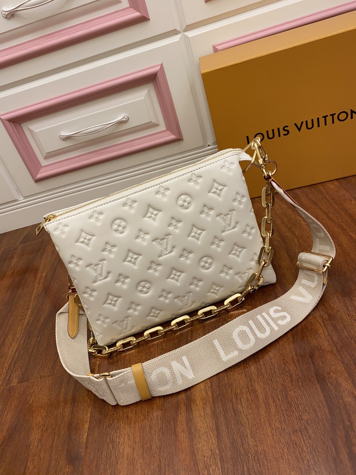 Louis Vuitton Cream Puffy Lambskin Monogram Coussin PM, myGemma, SG